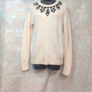 Ann Taylor Cream Sweater Black Jewel Embelishments L